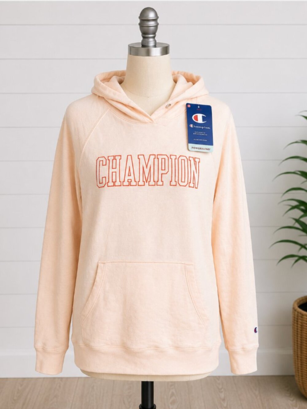 CHAMPION Women's Powerblend Fleece Logo Pullover Hoodie Coral Cream Size M NWT